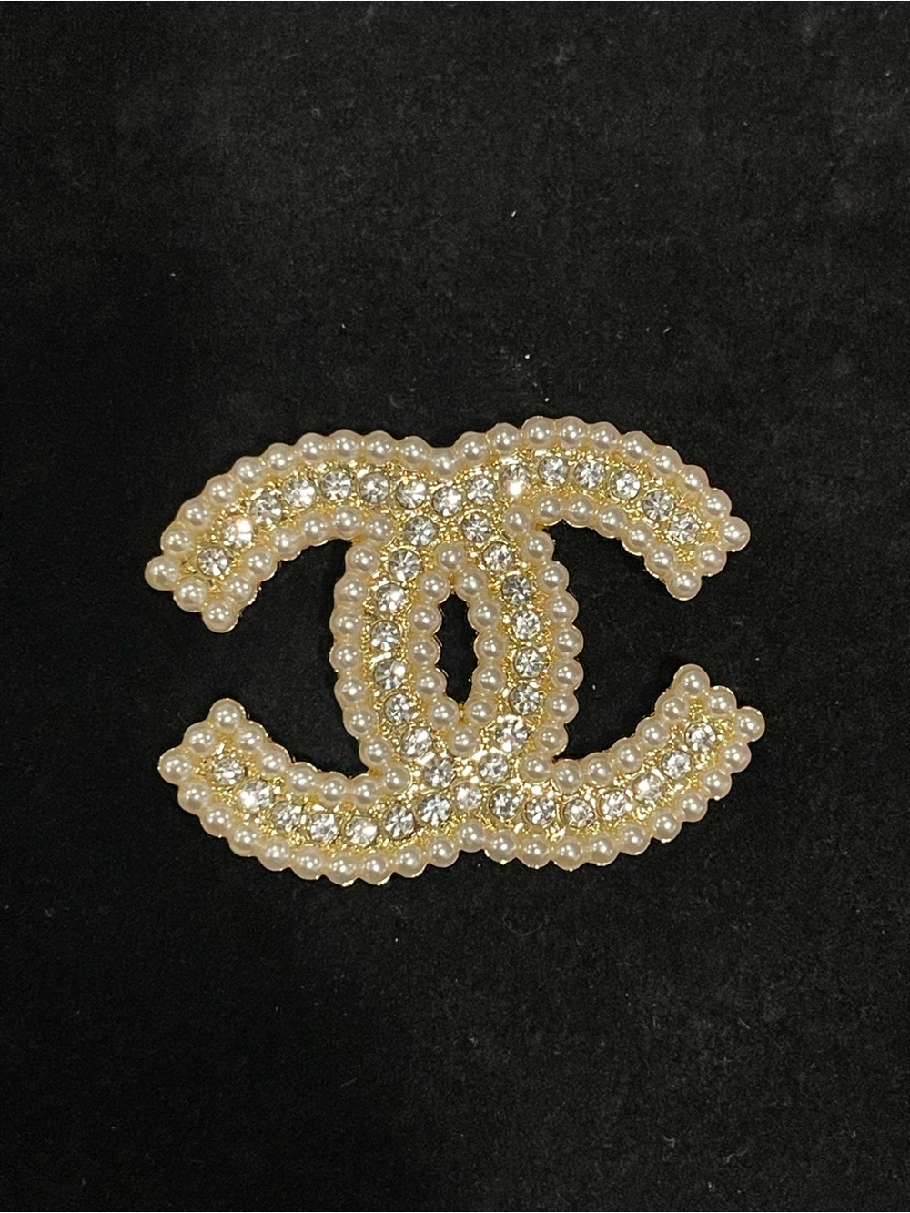Fashion Jewelry Stamped Gold-Tone and Ivory Pearl CC Crystal Brooch
